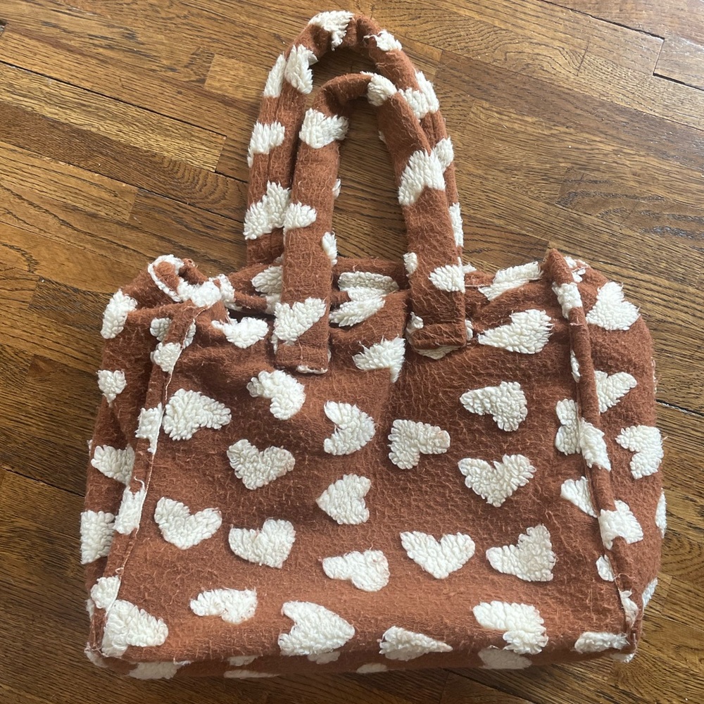 ANTHROPOLOGIE Faux Fur Tote Bag Hearts Shearling Sherpa Boho Cozy.